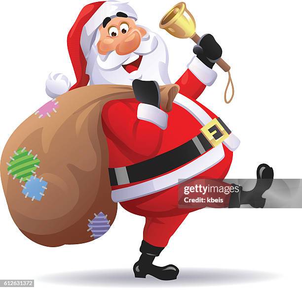 ilustraciones, imágenes clip art, dibujos animados e iconos de stock de santa claus caminando y tonteando la campana - cartoon santa claus