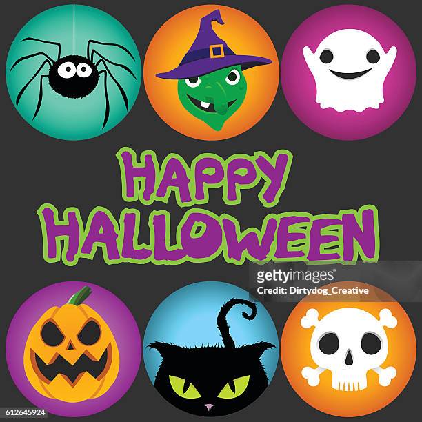 ilustraciones, imágenes clip art, dibujos animados e iconos de stock de insignias de halloween - araña, bruja, fantasma, calabaza, gato, calavera - pumpkin cats