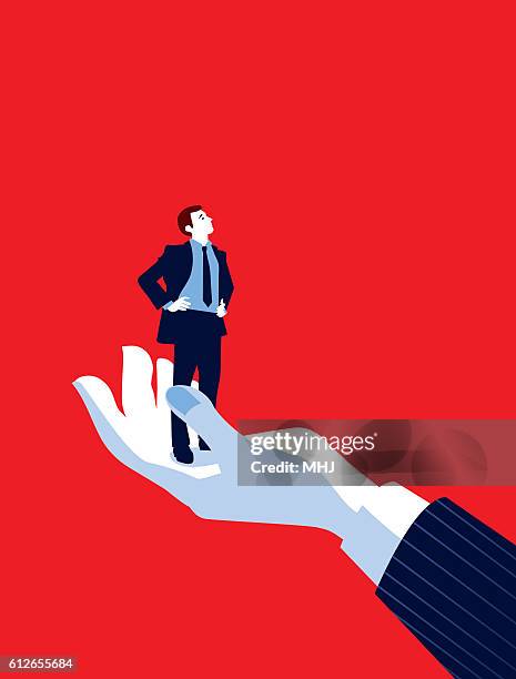 giant business man's hand holding tiny businessman - weer stock illustrations