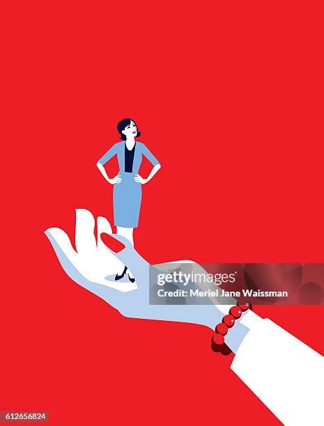 giant business woman's hand holding tiny businesswoman - small person looking up stock illustrations
