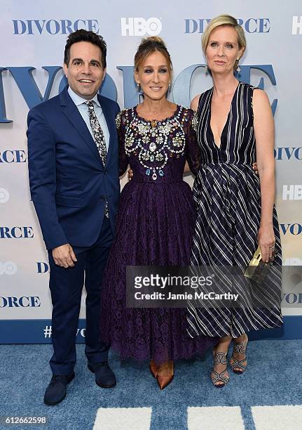 Mario Cantone, Sarah Jessica Parker and Cynthia Nixon attend the "Divorce" New York Premiere at SVA Theater on October 4, 2016 in New York City.