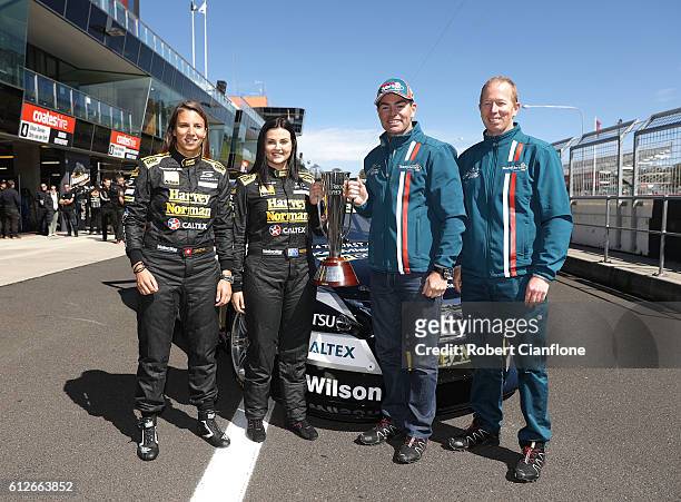 Simona De Silvestro and Renee Gracie of the Harvey Norman Supergirls Team and Craig Lowndes and Steven Richards of Triple Eight Racing pose with the...
