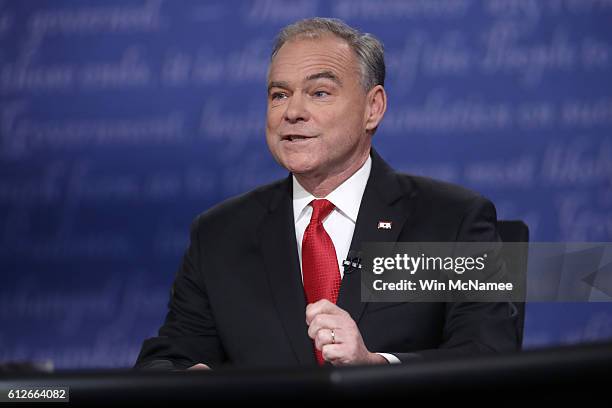 Democratic vice presidential nominee Tim Kaine speaks during the Vice Presidential Debate with Republican vice presidential nominee Mike Pence at...