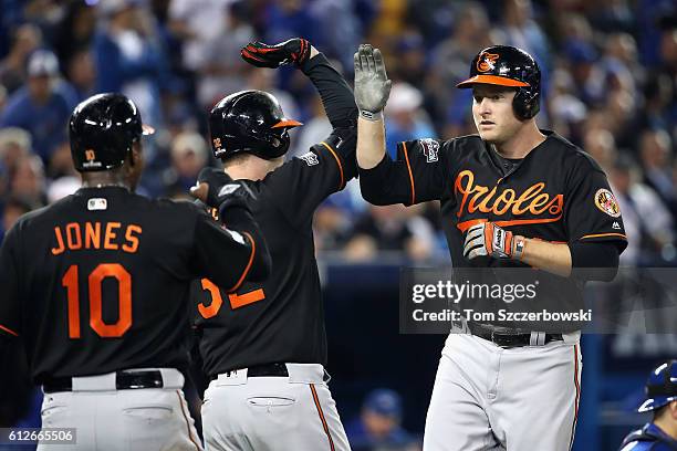 Mark Trumbo of the Baltimore Orioles celebrates with Adam Jones after hitting a two-run home run in the fourth inning against the Toronto Blue Jays...