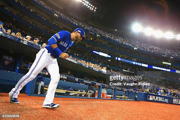 Jose Bautista of the Toronto Blue Jays takes the field prior to the American League Wild Card against the Baltimore Orioles game at Rogers Centre on...