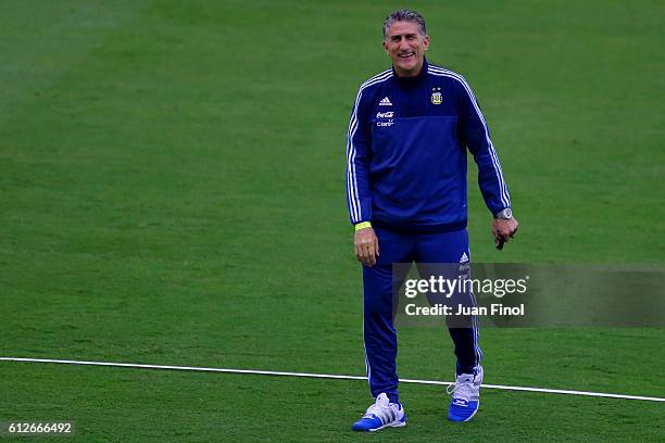 Edgardo Bauza coach of Argentina smiles during a training session at Alberto Gallardo Stadium on October 04, 2016 in Lima, Peru.