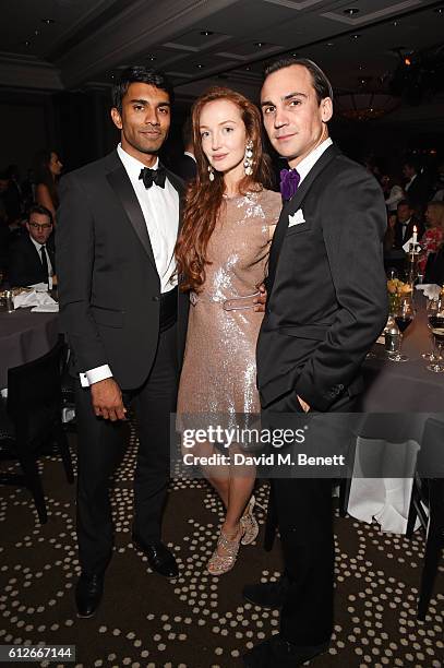 Nikesh Patel, Olivia Grant and Henry Lloyd Hughes attend the IWC Schaffhausen Dinner in Honour of the BFI at Rosewood London on October 4, 2016 in...