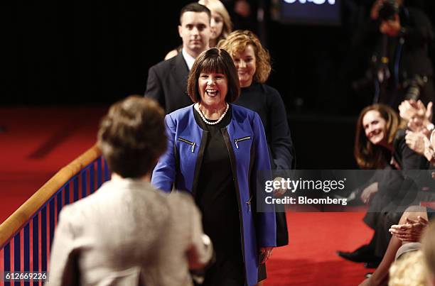 Karen Pence, wife of 2016 Republican Vice Presidential Nominee Mike Pence, right, greets Anne Holton, wife of 2016 Democratic Vice Presidential...