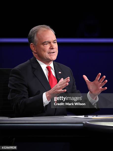 Democratic vice presidential nominee Tim Kaine speaks during the Vice Presidential Debate with Republican vice presidential nominee Mike Pence at...