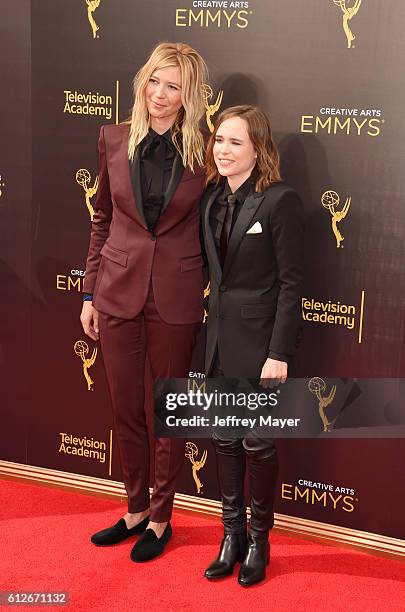 Actress Ellen Page and Samantha Thomas attend the 2016 Creative Arts Emmy Awards held at Microsoft Theater on September 11, 2016 in Los Angeles,...