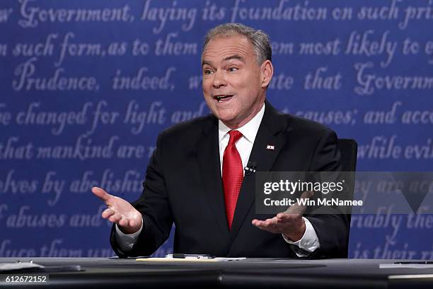 Democratic vice presidential nominee Tim Kaine speaks during the Vice Presidential Debate with Republican vice presidential nominee Mike Pence at...