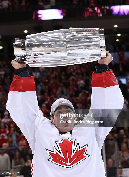 Carey Price of Team Canada hoists the World Cup of Hockey trophy during Game Two of the World Cup of Hockey final series at the Air Canada Centre on...