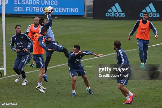 Sergio Romero of Argentina catches the ball in the air during a training session at Alberto Gallardo Stadium on October 04, 2016 in Lima, Peru.