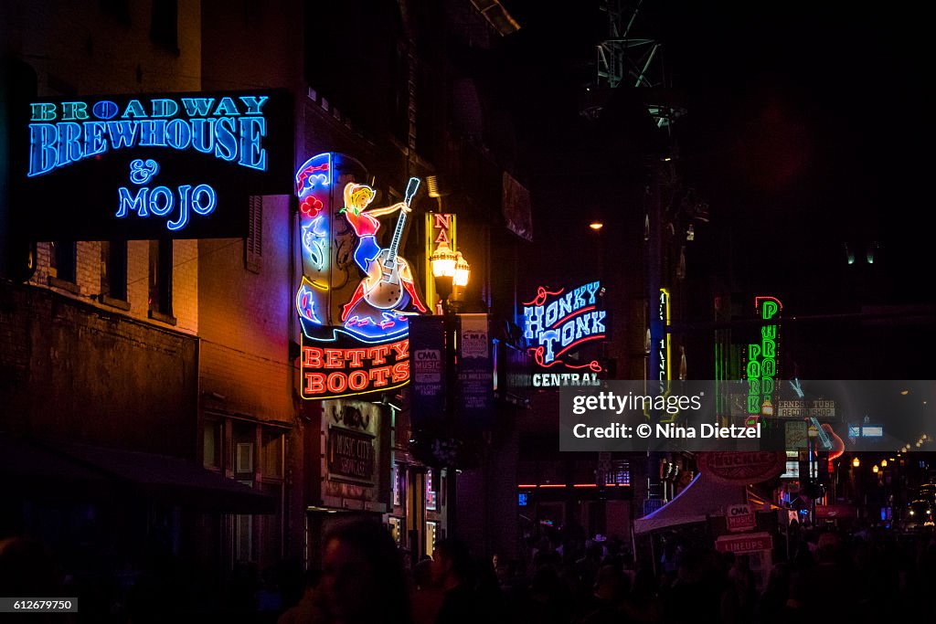 Neon signs on Lower Broadway (Nashville) at Night
