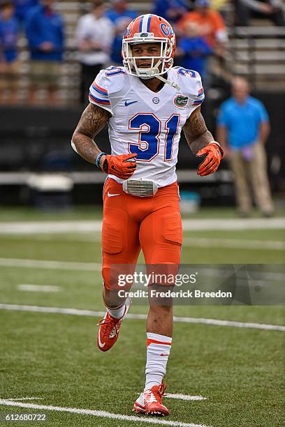 Teez Tabor of the Florida Gators warms up prior to a game against the Vanderbilt Commodores at Vanderbilt Stadium on October 1, 2016 in Nashville,...