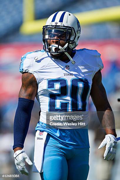 Perrish Cox of the Tennessee Titans warming up before a game against the Oakland Raiders at Nissan Stadium on September 25, 2016 in Nashville,...