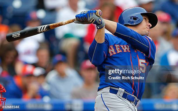 Kelly Johnson of the New York Mets in action against the Philadelphia Phillies during a game at Citizens Bank Park on October 2, 2016 in...
