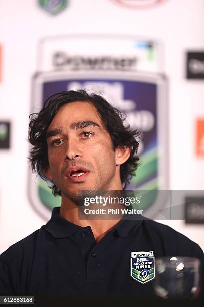 Johnathan Thurston speaks to the media during the 2017 Auckland Nines Launch at Eden Park on October 5, 2016 in Auckland, New Zealand.