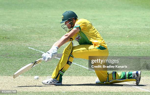 James Bazley of the CA XI plays a shot during the Matador BBQs One Day Cup match between Tasmania and the Cricket Australia XI at Allan Border Field...