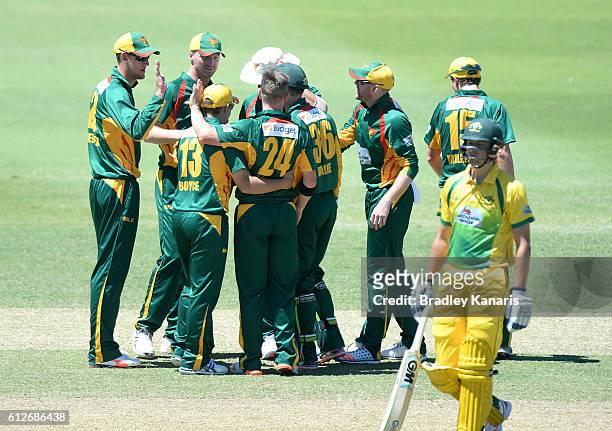 Xavier Doherty of Tasmania celebrates with team mates after taking the wicket of Matthew Short during the Matador BBQs One Day Cup match between...