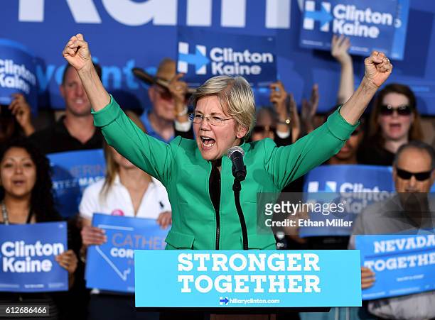 Sen. Elizabeth Warren speaks at The Springs Preserve on October 4, 2016 in Las Vegas, Nevada. Warren is campaigning for Democratic presidential...