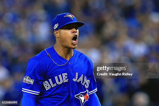 Marcus Stroman of the Toronto Blue Jays reacts after the final out in the sixth inning against the Baltimore Orioles during the American League Wild...