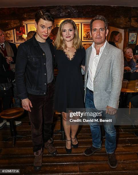 Freddie Fox, Amy Morgan and Tom Hollander attend the press night performance of "Travesties" at Menier Chocolate Factory on October 4, 2016 in...