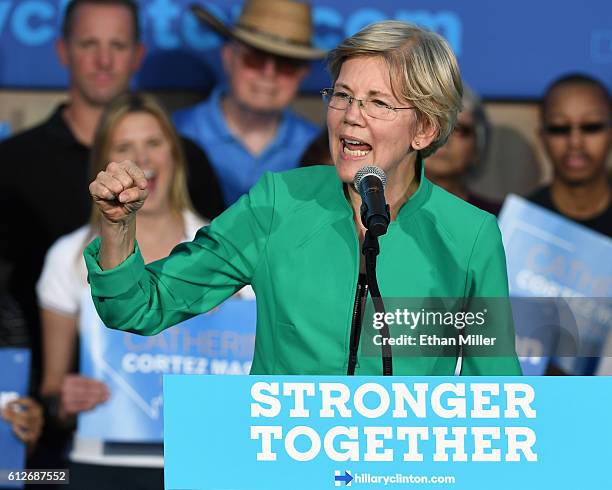 Sen. Elizabeth Warren speaks at The Springs Preserve on October 4, 2016 in Las Vegas, Nevada. Warren is campaigning for Democratic presidential...