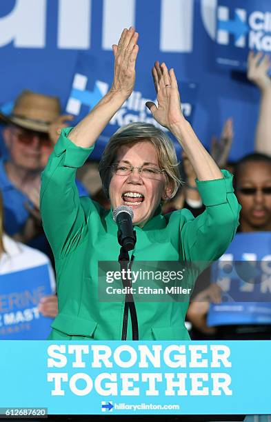 Sen. Elizabeth Warren speaks at The Springs Preserve on October 4, 2016 in Las Vegas, Nevada. Warren is campaigning for Democratic presidential...