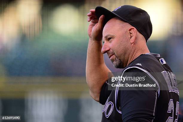 Walt Weiss of the Colorado Rockies looks on before a game against the Milwaukee Brewers at Coors Field on September 30, 2016 in Denver, Colorado.