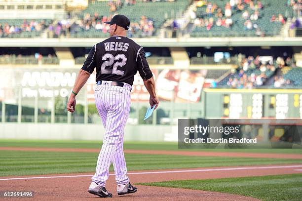 Walt Weiss of the Colorado Rockies walks onto the field before a game against the Milwaukee Brewers at Coors Field on September 30, 2016 in Denver,...