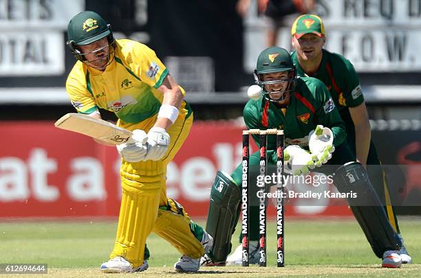 Ryan Gibson of the CA XI plays a shot during the Matador BBQs One Day Cup match between Tasmania and the Cricket Australia XI at Allan Border Field...