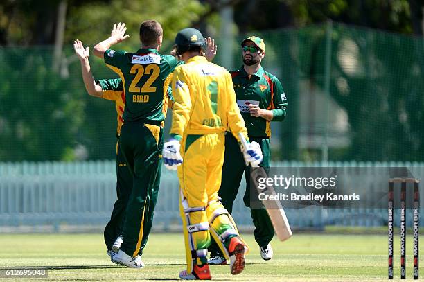 Jackson Bird of Tasmania celebrates after taking the wicket of Jake Carder of the CA XI during the Matador BBQs One Day Cup match between Tasmania...