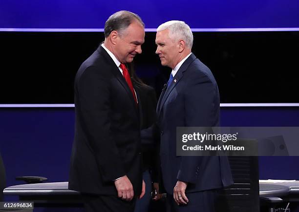 Democratic vice presidential nominee Tim Kaine and Republican vice presidential nominee Mike Pence meet on stage following the Vice Presidential...