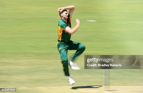 Jackson Bird of Tasmania bowls during the Matador BBQs One Day Cup match between Tasmania and the Cricket Australia XI at Allan Border Field on...