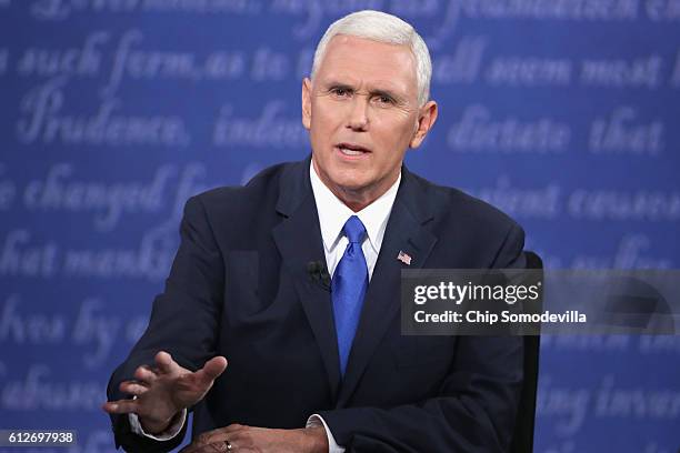 Republican vice presidential nominee Mike Pence speaks during the Vice Presidential Debate with Democratic vice presidential nominee Tim Kaine at...