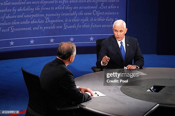 Democratic vice presidential nominee Tim Kaine and Republican vice presidential nominee Mike Pence debate during the Vice Presidential Debate at...