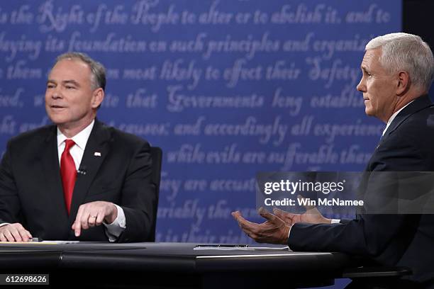 Democratic vice presidential nominee Tim Kaine and Republican vice presidential nominee Mike Pence debate during the Vice Presidential Debate at...