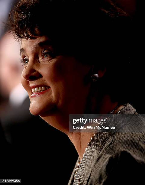 Anne Holton, wife of Tim Kaine, smiles following the Vice Presidential Debate between Democratic vice presidential nominee Tim Kaine and Republican...