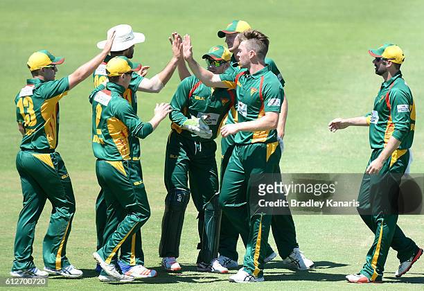 Hamish Kingston of Tasmania celebrates with team mates after taking the wicket of Liam Hatcher during the Matador BBQs One Day Cup match between...