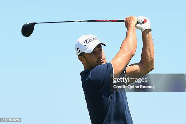 Jarryd Hayne competes in the Pro-Am ahead of the 2016 Fiji International at Natadola Bay Golf Course on October 5, 2016 in Natadola, Fiji.