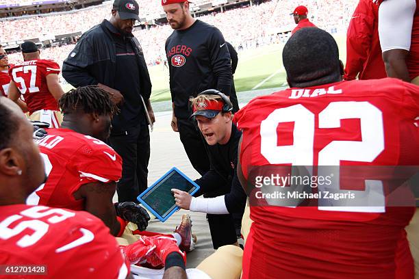Outside Linebackers Coach Jason Tarver of the San Francisco 49ers talks with the linebackers during the game against the Dallas Cowboys at Levi...