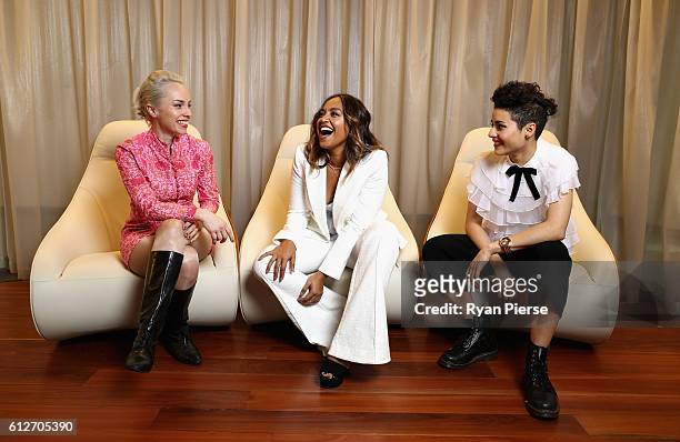 Singers Olympia, Jessica Mauboy and Montaigne pose at the 30th Annual ARIA Nominations Event on October 5, 2016 in Sydney, Australia.