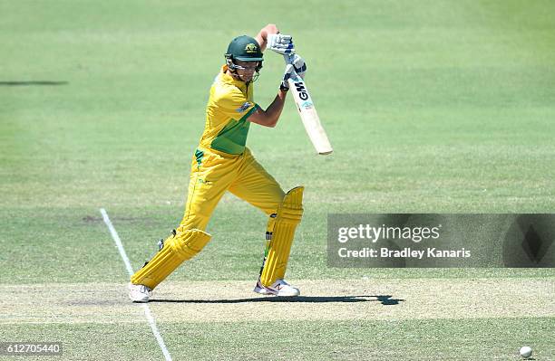 Matthew Short of CA XI plays a shot during the Matador BBQs One Day Cup match between Tasmania and the Cricket Australia XI at Allan Border Field on...