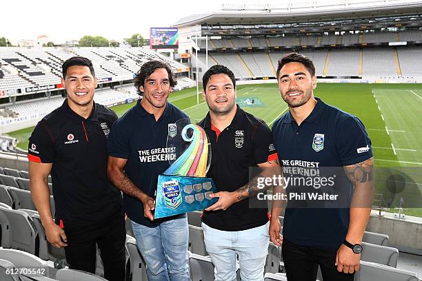 Roger Tuivasa-Scheck, Johnathan Thurston, Issac Luke and Shaun Johnson pose with the NRL Nines trophy during the 2017 Auckland Nines Launch at Eden...