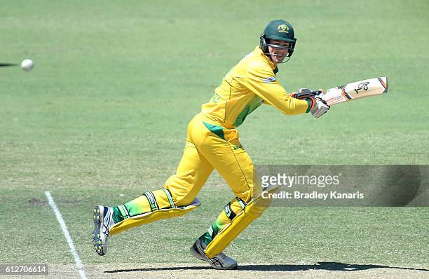 Tom O'Donnell of the CA XI plays a shot during the Matador BBQs One Day Cup match between Tasmania and the Cricket Australia XI at Allan Border Field...