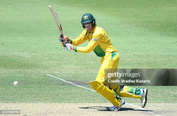 Tom O'Donnell of the CA XI plays a shot during the Matador BBQs One Day Cup match between Tasmania and the Cricket Australia XI at Allan Border Field...