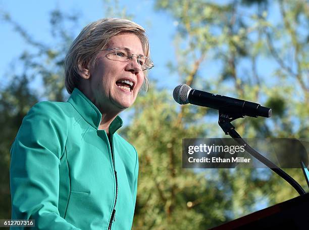 Sen. Elizabeth Warren speaks at The Springs Preserve on October 4, 2016 in Las Vegas, Nevada. Warren is campaigning for Democratic presidential...