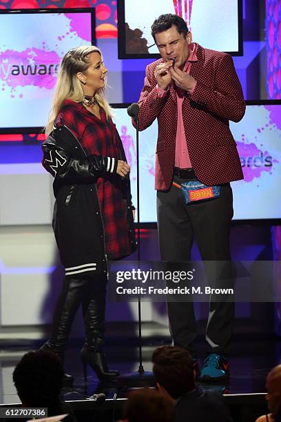 Internet personalities Jenna Marbles and Flula Borg speak onstage during the 6th annual Streamy Awards hosted by King Bach and live streamed on...