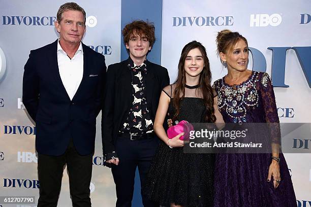 Thomas Haden Church, Charlie Kilgore, Sterling Jerins, and Sarah Jessica Parker attend the "Divorce" New York Premiere at SVA Theater on October 4,...